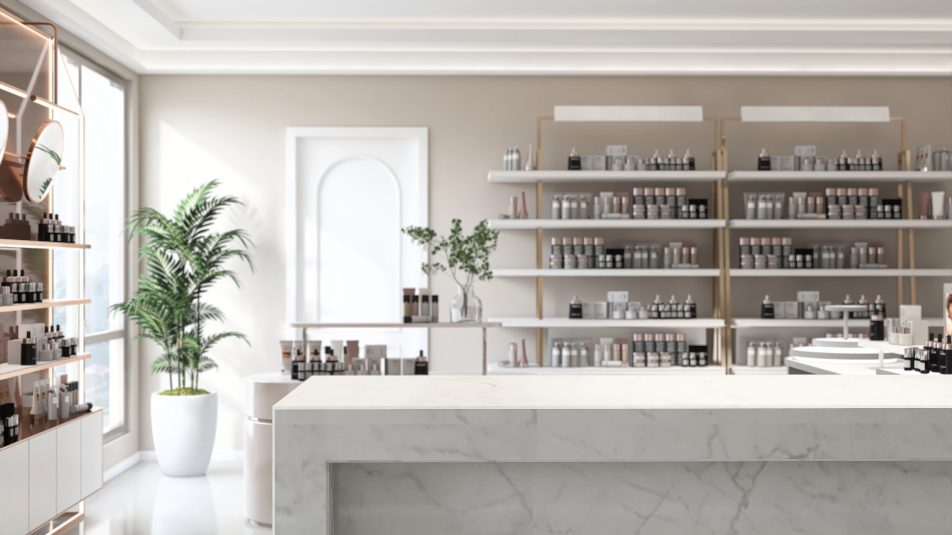 Wide angle of modern cosmetic and skincare product store with shelf, counter in sunlight from window on beige white wall