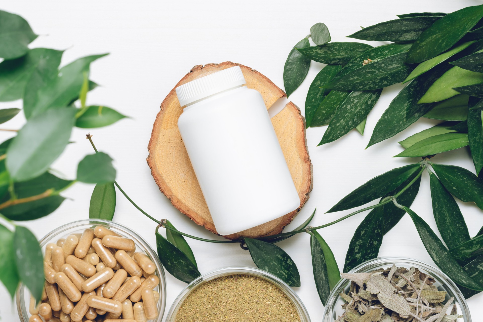 White bottle for supplement on wooden podium with green leaves, herbal pills and ingredients